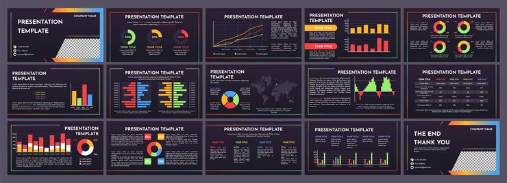 Vector statistical infographics presentation slides business data analysis charts pie graphs bar diagrams line graphs and world map visualization statistic layouts dark mode vector template set