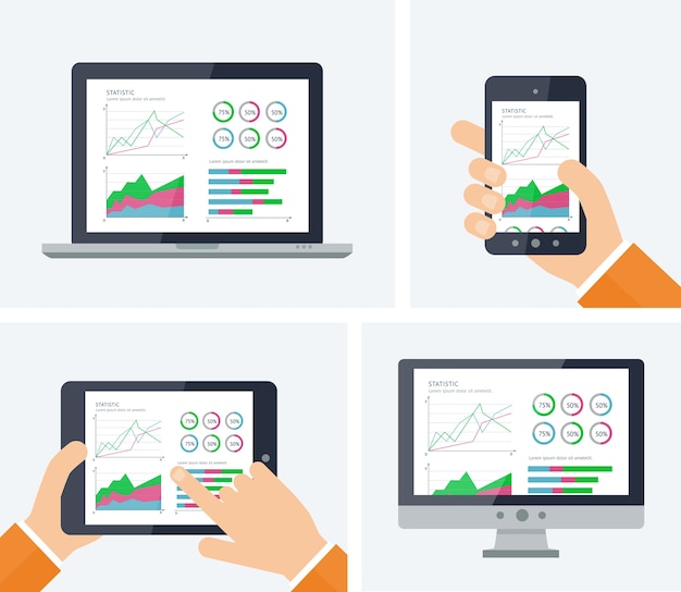 Statistiche. infografica con grafici ed elementi grafici sugli schermi dei dispositivi.