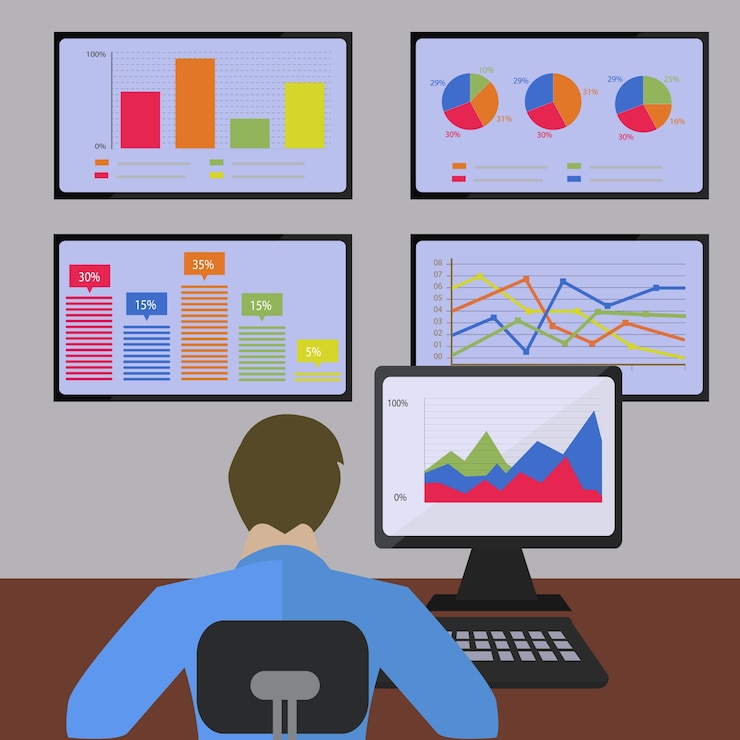 Vector statistics and information analysis with pie charts line and bar graphs