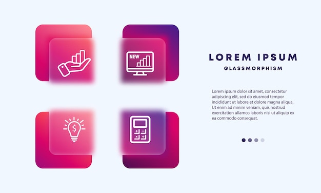 Icona del set di statistiche grafico a barre monitor a mano idea creativa lampadina calcolatrice denaro lavoro lavoro concetto di business stile vetromorfismo icona linea vettoriale per affari e pubblicità