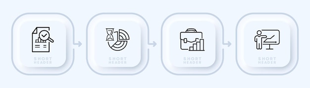 統計セットアイコンドキュメントパイと棒グラフ研究拡大鏡砂時計ブリーフケースフリップチャート従業員ビジネスコンセプト新形態主義スタイルビジネスと広告のためのベクトル線アイコン