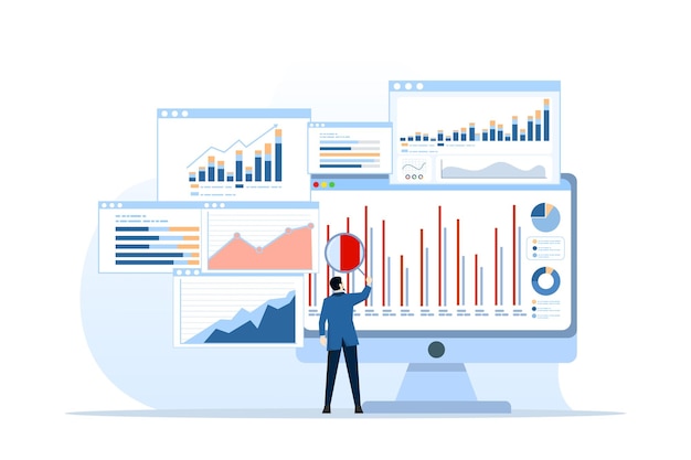 statistiek en gegevensanalyse concept van het bedrijfsteam dat aan het monitorchartdashboard werkt