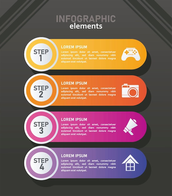 Statistieken infographicsstappen met cijfers op zwarte achtergrond