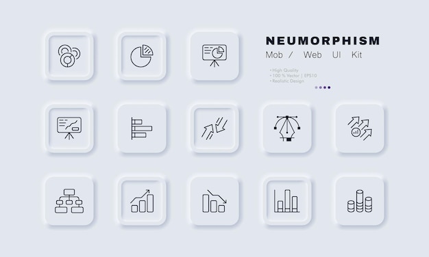 Statistische grafieken ingesteld pictogram diagram cirkeldiagram donut flip-over pijlen presentatie gegevensoverdracht hiërarchie beheer analytics pijlen bedrijfsconcept neomorfisme stijl vector lijnpictogram