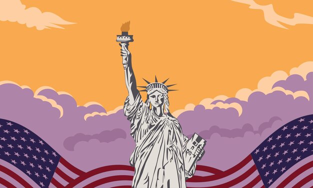 Vettore statua della libertà sull'illustrazione di vettore del fondo della bandiera americana