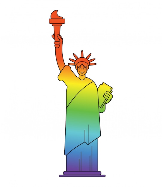 Statua della libertà con i colori della bandiera lgbt. punto di riferimento america in segno gay.