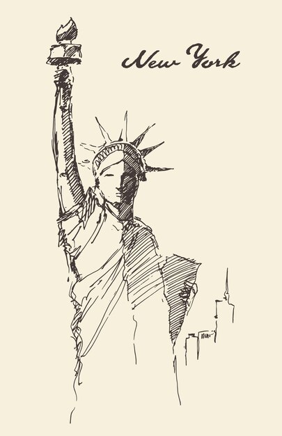 Vector statue of liberty hand drawn vintage engraved illustration sketch
