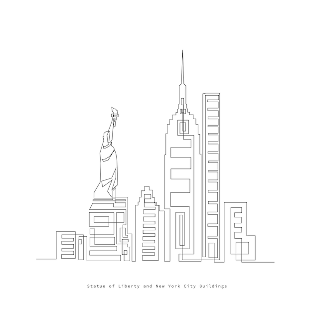 Statua della libertà e new york city buildings one line art drawing