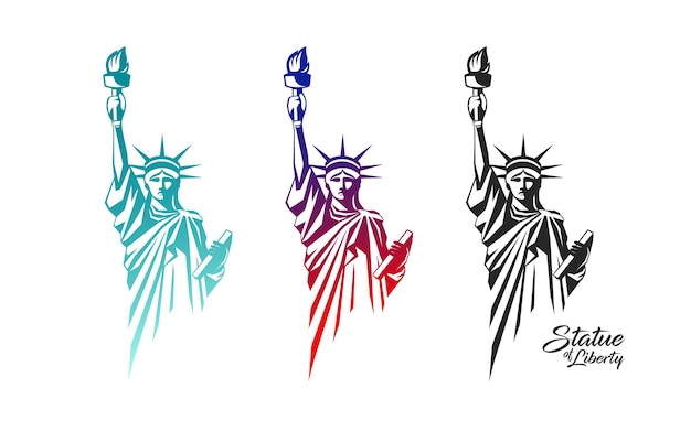 Vettore il vettore della statua della libertà nel design colorato della collezione degli stati uniti isolato