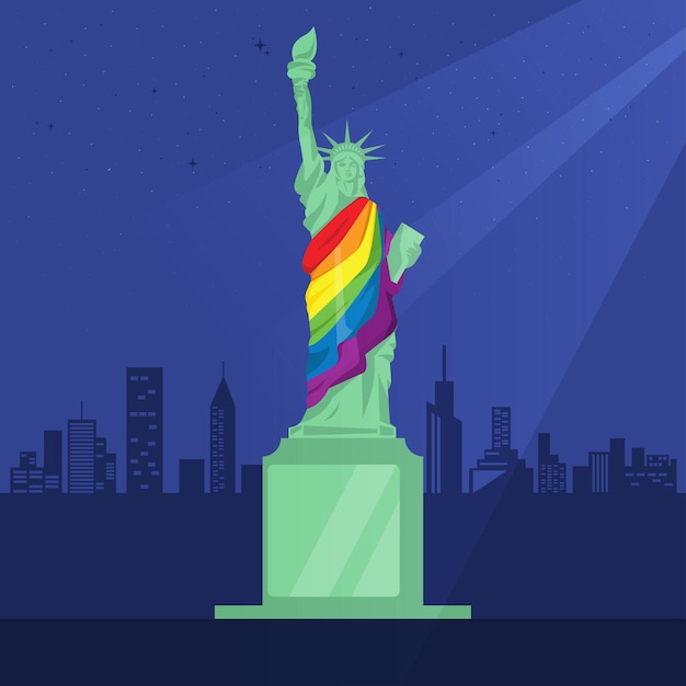 The statue of liberty wears a rainbow robe