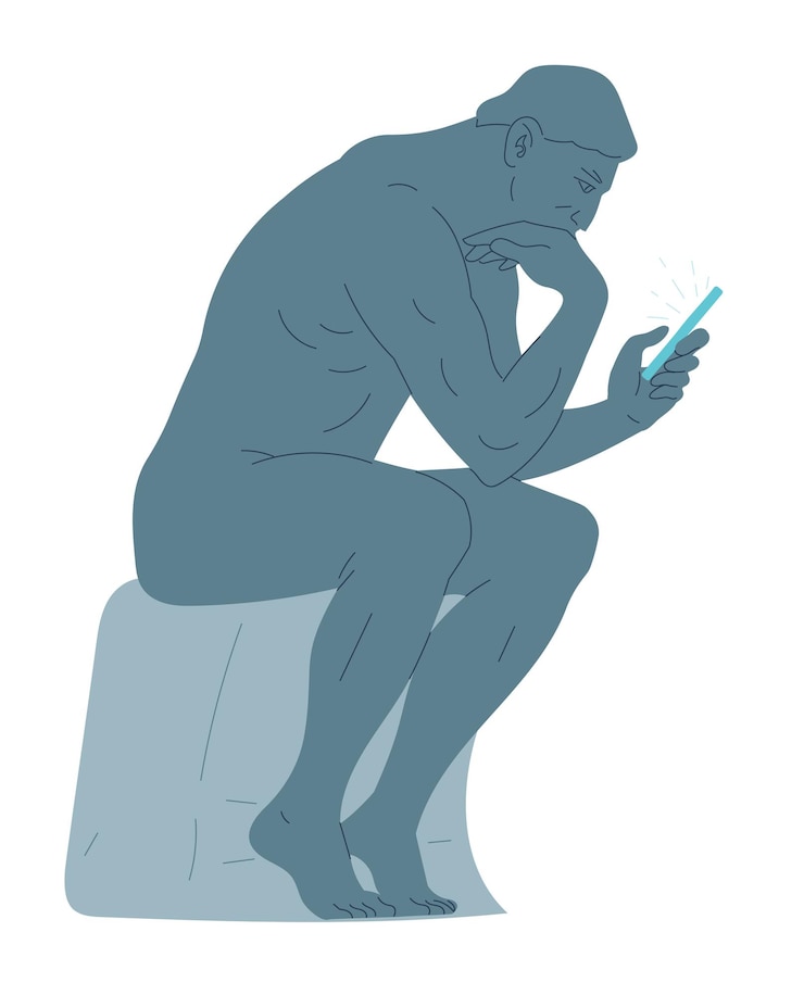 Vector スマートフォンを手に座っている考える人の像。