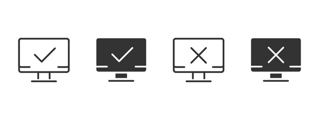 status check icon computer screen with confirmation and error marks vector illustration approval validation and alert notification symbol success and failure message sign