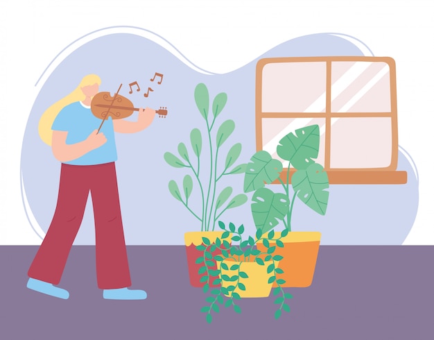 Вектор Сиди дома, девочка играет на скрипке в комнате с растениями, самоизоляция, мероприятия в карантине на коронавирус