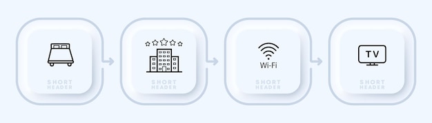 Пребывание в отеле set icon многоэтажное здание, кровать, сон, пять звезд, wi-fi, телевизор, концепция размещения, стиль неоморфизма, иконка векторной линии для бизнеса и рекламы