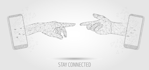 Vector stay connected vector poster banner design template. mobile phone two human hands touching, low poly wireframe mesh. mobile network, stay in touch concept polygonal art style illustration.