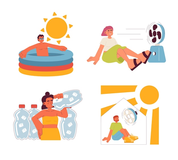 Vector stay cool during heat wave flat concept vector spot illustration set summer safety 2d cartoon characters on white for web ui design hydration at home isolated editable creative hero image pack