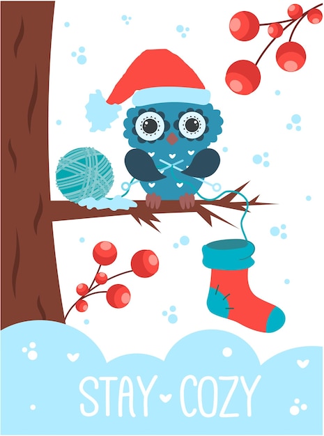Stay cozy love winter concept vector illustration сова в шапке санта-клауса вяжет рождественский носок