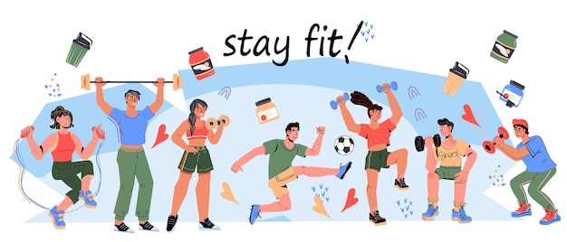 Vector stay fit banner template on sport and fitness theme flat cartoon vector