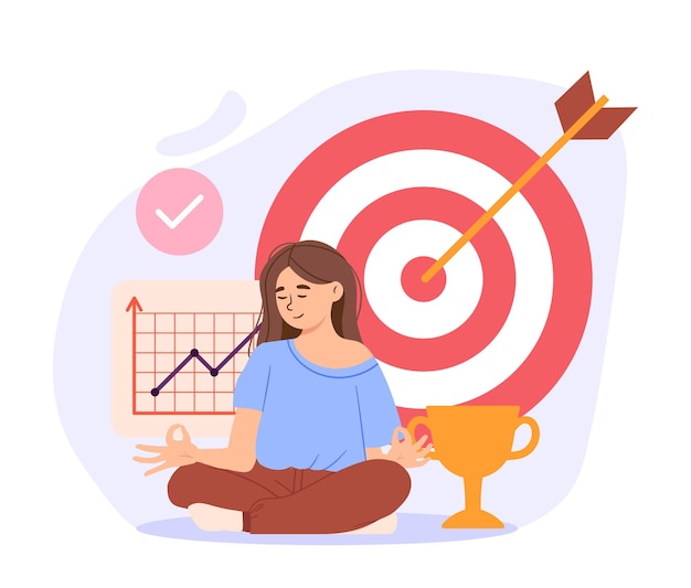 Stay focused concept woman in lotuis position at background of target with arrow graph and diagram