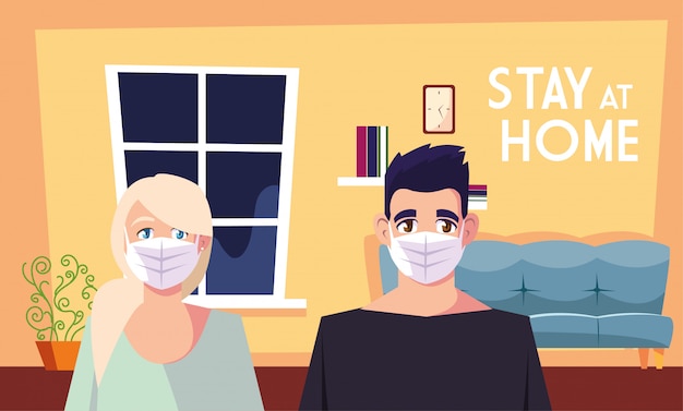 Vector stay at home awareness social media campaign and coronavirus prevention, couple share in the home