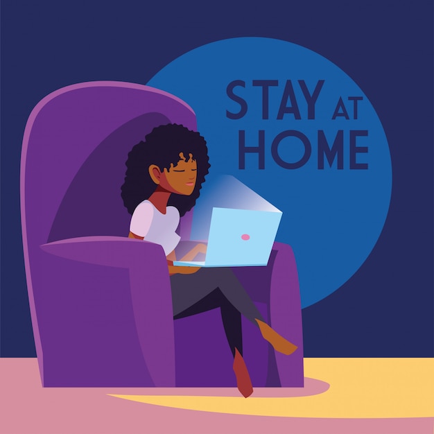 Stay at home awareness social media campaign and coronavirus prevention: woman connecting with her laptop