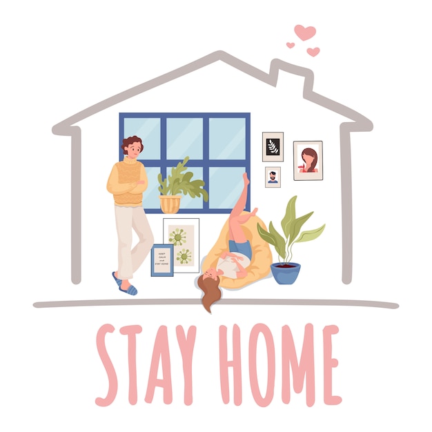 Vector stay home banner template. women spending time together at home during quarantine and self isolation   illustration.