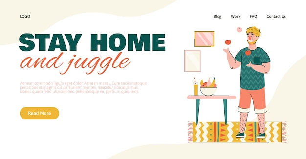 Stay home banner with man and stay home and juggle slogan vector illustration