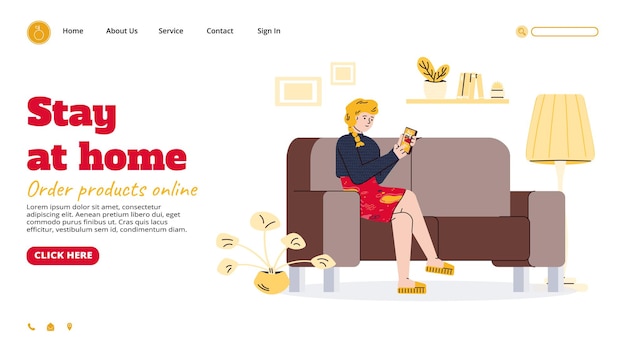 Vector stay at home banner with woman in quarantine with phone vector illustration