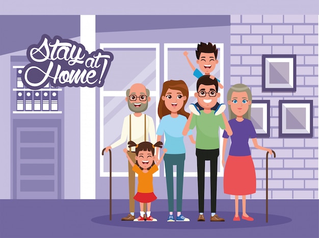 Vector stay at home campaign with family members