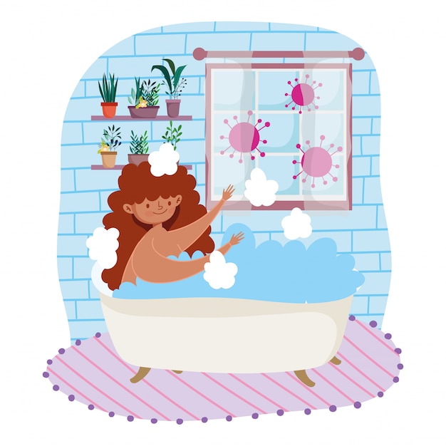 Vector stay at home, cartoon young woman in bathtub leisure time