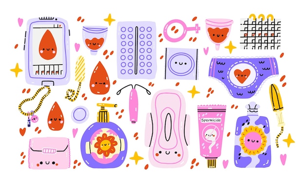 Stay home collection, indoors activities, concept of comfort and coziness. Menstruation help kit