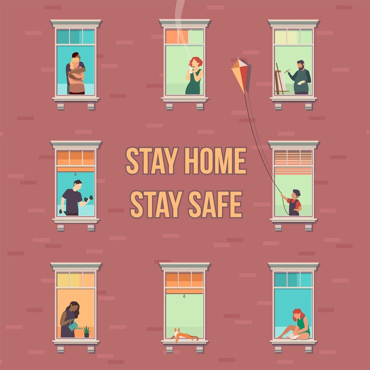 Vector stay home concept. house facade with windows, people look out of apartment, characters doing hobbies in flats during quarantine, prevention covid-19 pandemic cartoon flat vector illustration with text