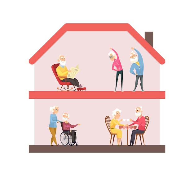 Vector stay home concept. nursing house, elderly lifestyle. senior people doing sport, drink tea reading. retired life vector illustration. protection elderly from coronavirus, quarantine health prevention