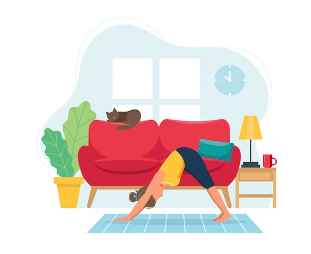 Vector stay home concept. woman doing yoga in cozy modern interior.