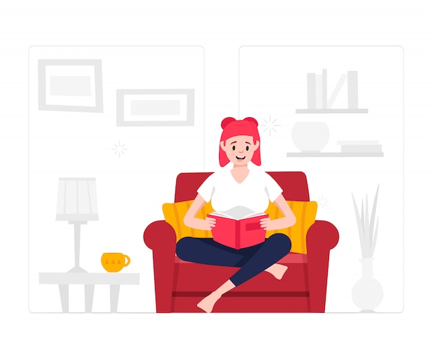 Vector stay at home concept. woman reading book.