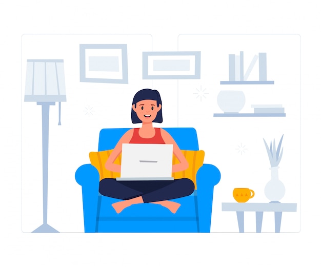 Vector stay at home concept. woman working on the laptop