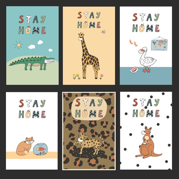 Vector stay home coronavirus animals in medical masks illustrations set