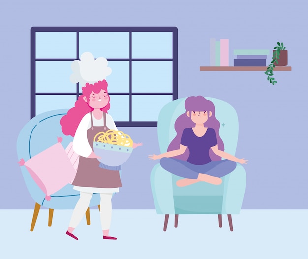 stay at home, female chef with noodle and girl sitting on chair cartoon, cooking