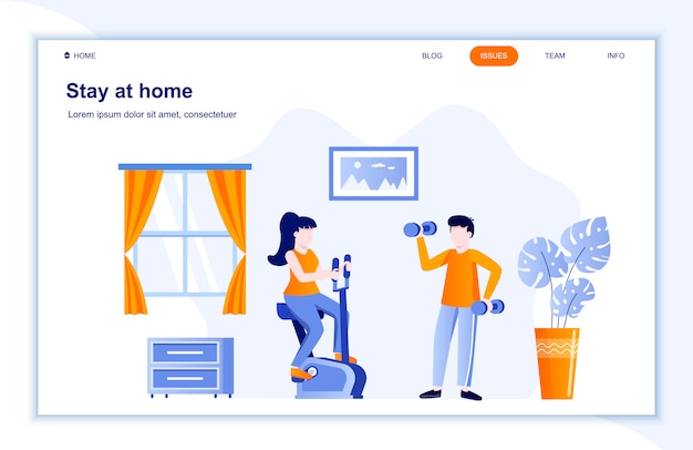 Vector stay at home flat landing page template.