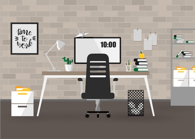 Vector stay home. flat style of creative workspace with brick wall. working home concept .  illustration