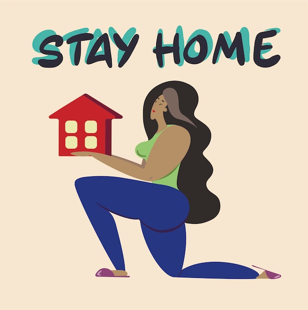 Vector stay at home a girl holds a house in her handsa call to stay home during the pandemic quarantine stay at home health vector illustration in flat style