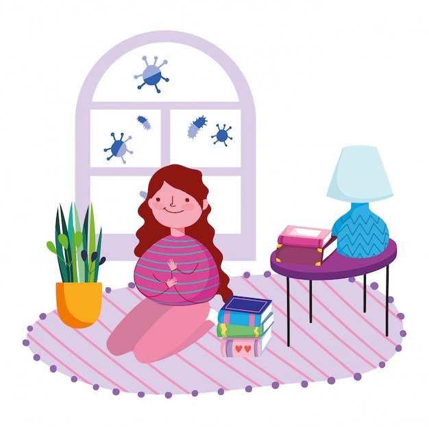 stay at home, girl kneeling on the carpet with books in the room