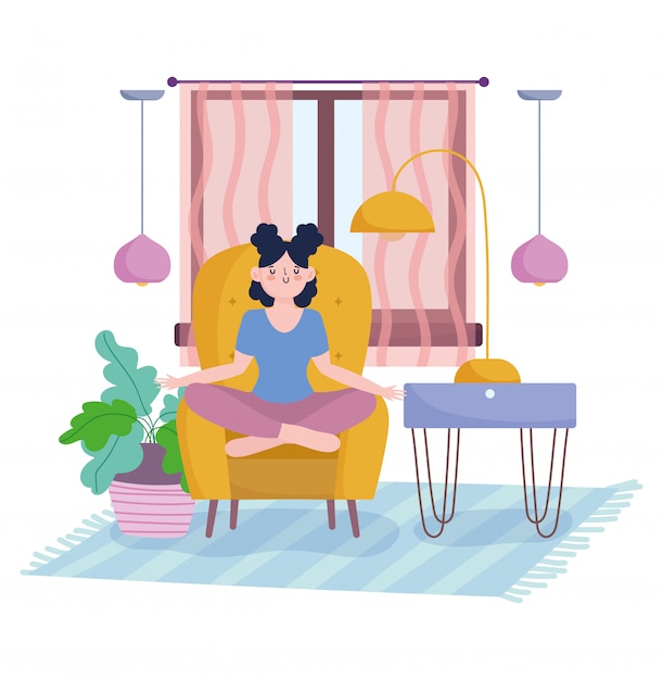 Vector stay at home, girl practicing yoga on chair in the room with lamps plant and window, self isolation, activities in quarantine for coronavirus
