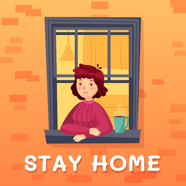 stay home. girl self isolation in room with cup of coffee, facade window, quarantine at apartment against covid-19.   illustration
