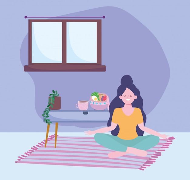 stay at home, girl sitting on floor with food in table cartoon,