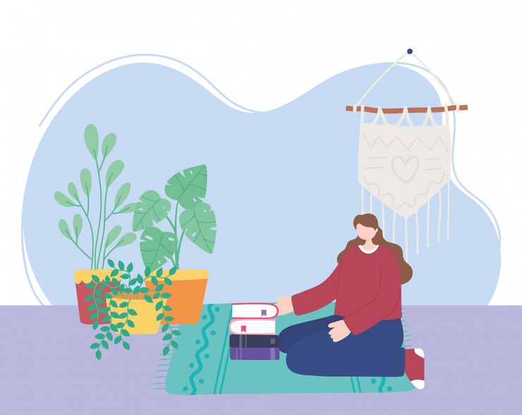 Vector stay at home, girl with books and houseplants, self isolation, activities in quarantine for coronavirus