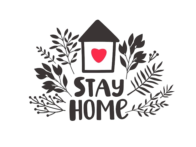 Vector stay home  illustration of calm red heart isolated inside house