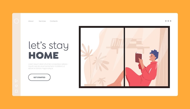 Stay home landing page template. woman sitting on windowsill read book at home. female character reading sit at window
