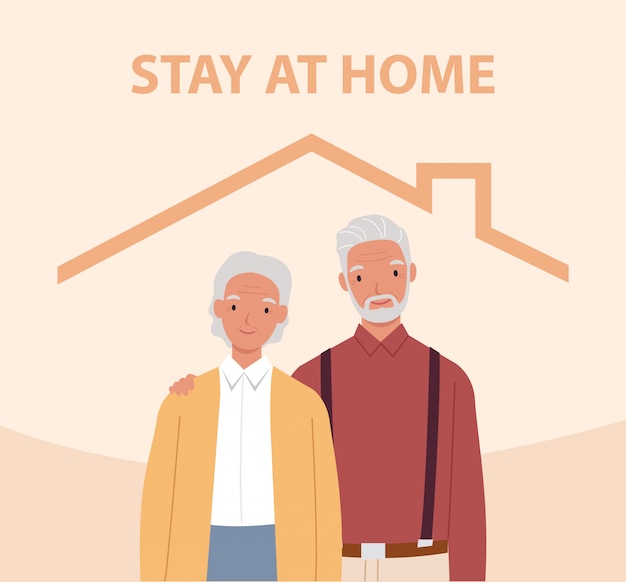 Vector stay home. old man and woman inside the house. concept for controlling the disease in 2019-ncov.  illustration in a flat style