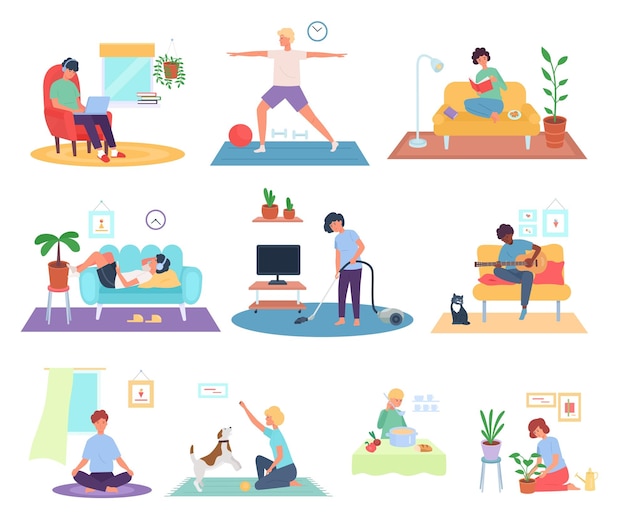 Stay home Pandemic quarantine work and life Persons activities set Guy doing relaxing yoga exercises or meditating Man playing guitar Woman reading in room Vector flat illustration